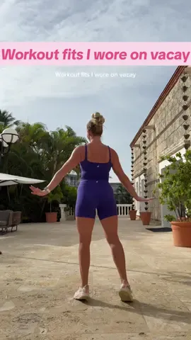 A post by @bethannebrice on TikTok caption: Twas a colorful 4 days in Punta Cana☀️🐠🍇🌺🌊⛱️🐚 Yellow set & purple tank: @Beyond Yoga  Pink & purple sets: @KOUA code BETHANNE for discount! Floral biker shorts: @lululemon  Shoes: @HOKA & @Nike 