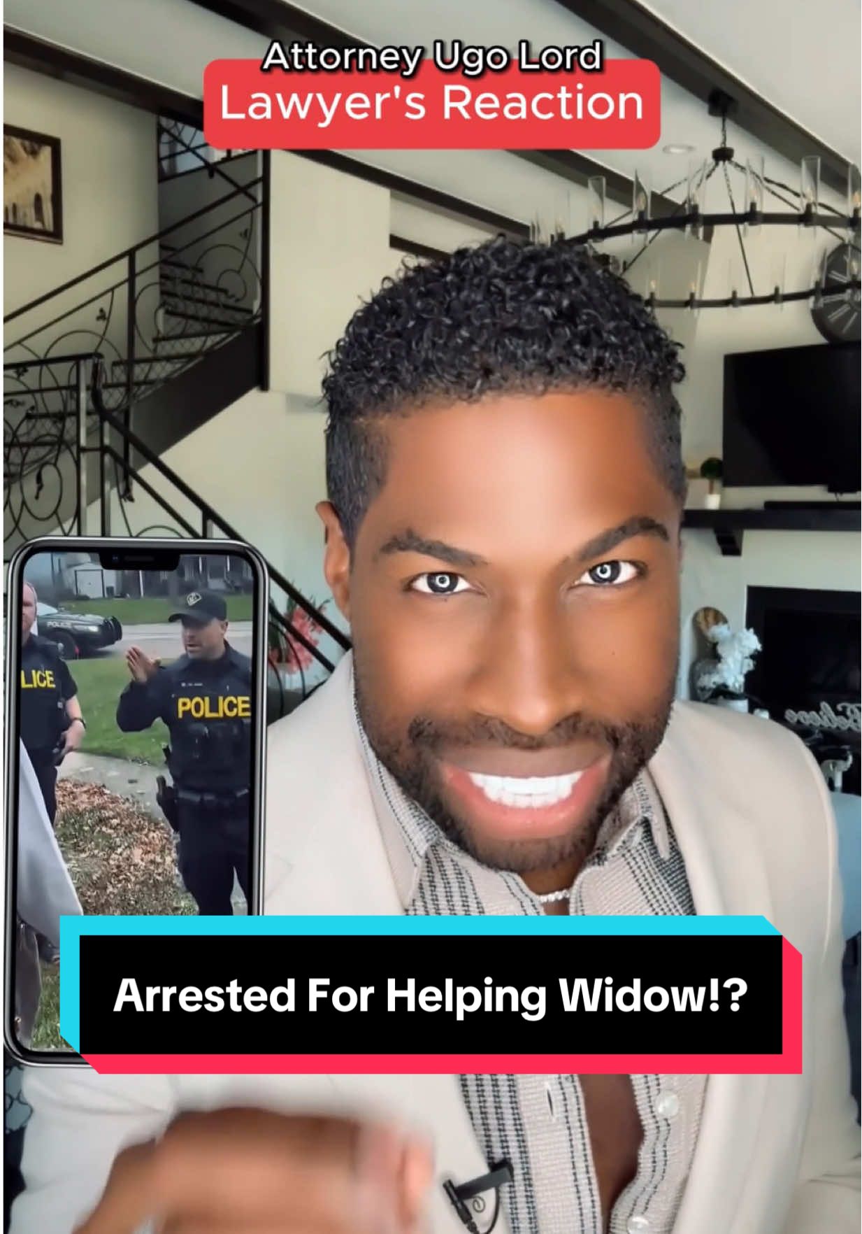 A post by @ugolord on TikTok caption: Replying to @abcd1234 Man Cuts Elderly Widow’s Lawn for Free—Then #Police Arrest Him! Was This Justifiable Force? Attorney #UgoLord reacts! #lawyer #TikTokPartner #TikTokLearningCampaign #stitch with  @Cleaning Relaxing 98 