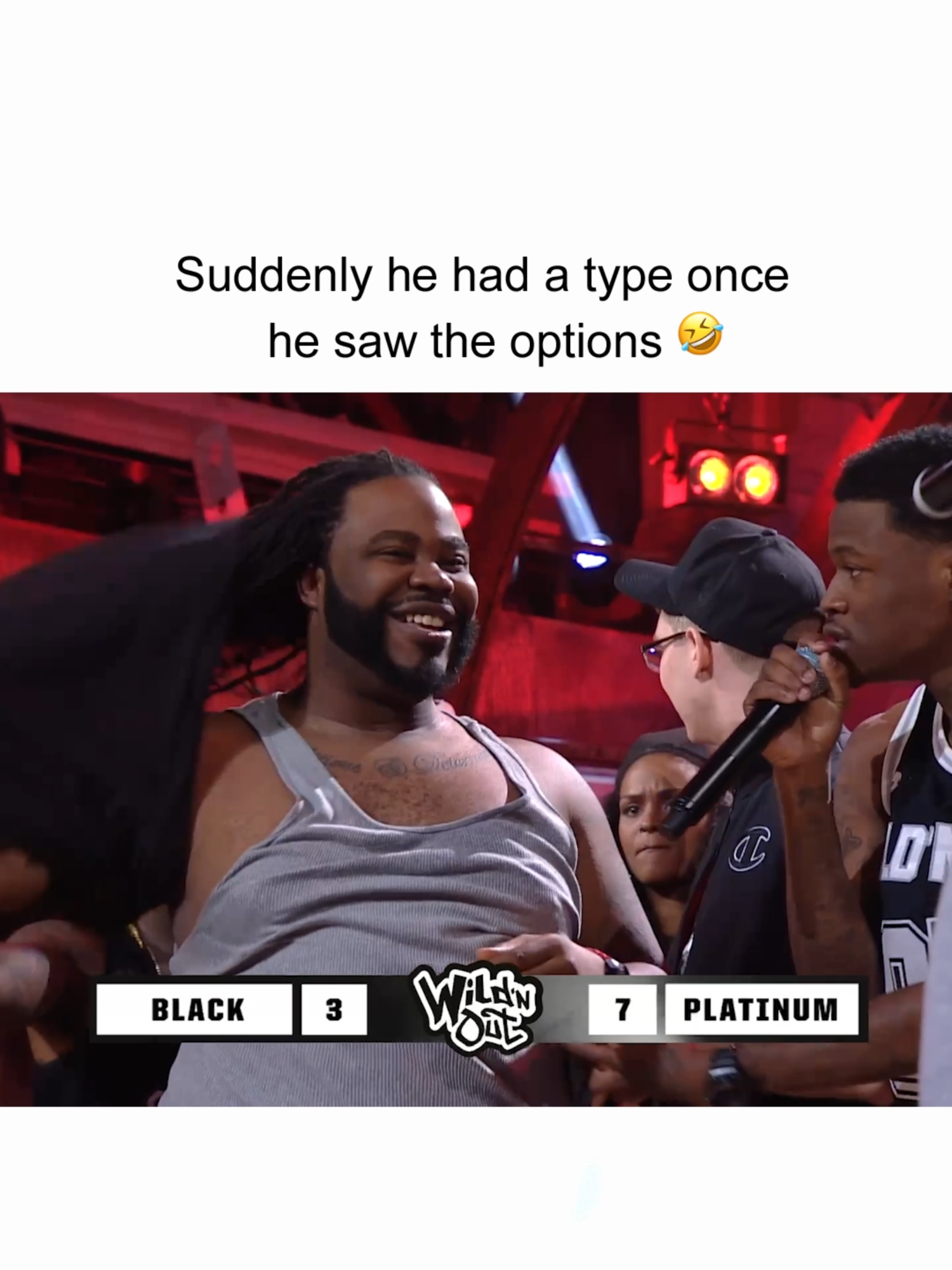 A post by @wildnout on TikTok caption: He found his type real quick after that 🤣 #WildNOut #raesremmurd #dcyoungfly #darrenbrand #wildstyle #jokes #funny #roast #roasted #dating #lol
