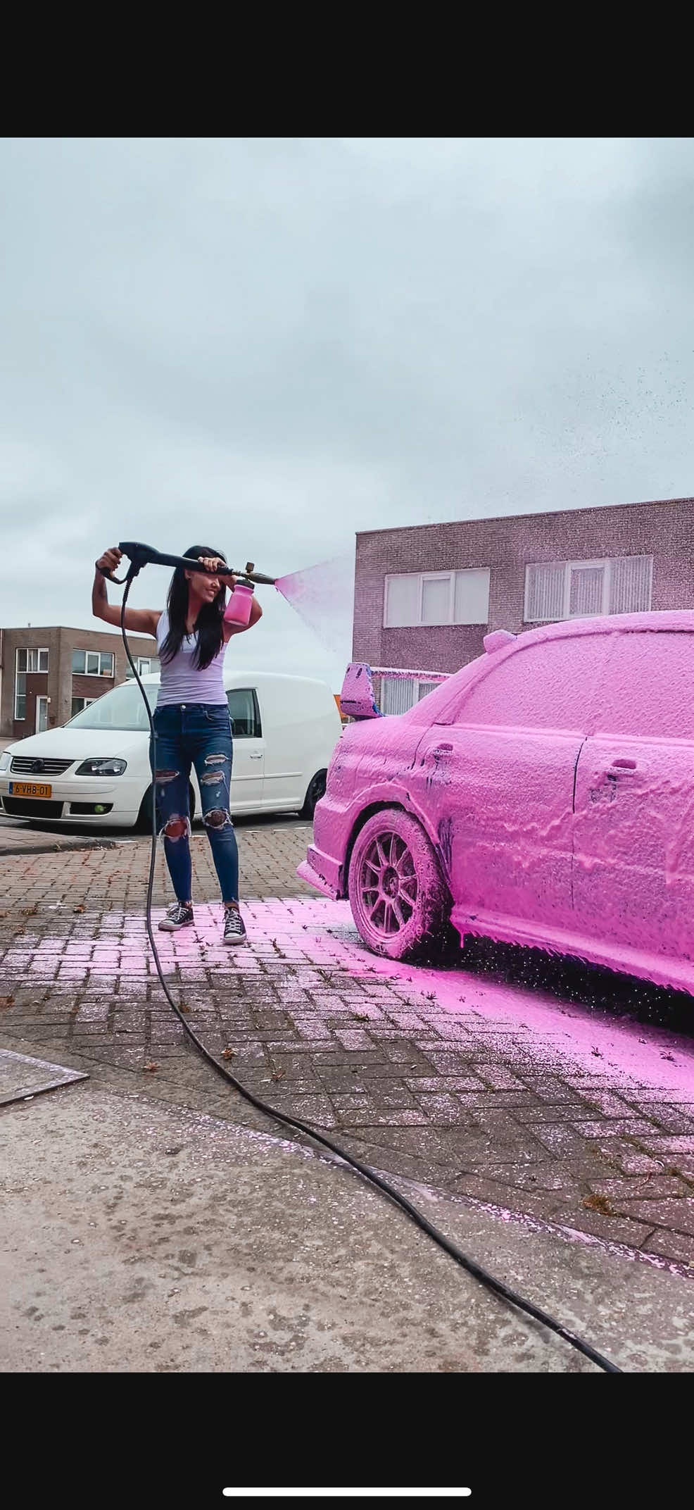 A post by @the_detailing_girl on TikTok caption: Turbocharged and totally fabulous 💖💨 This WRX got a foam party straight out of Barbie’s garage 🫧✨  #RallyButMakeItFashion #BoostedBeauty #DetailingGirl”