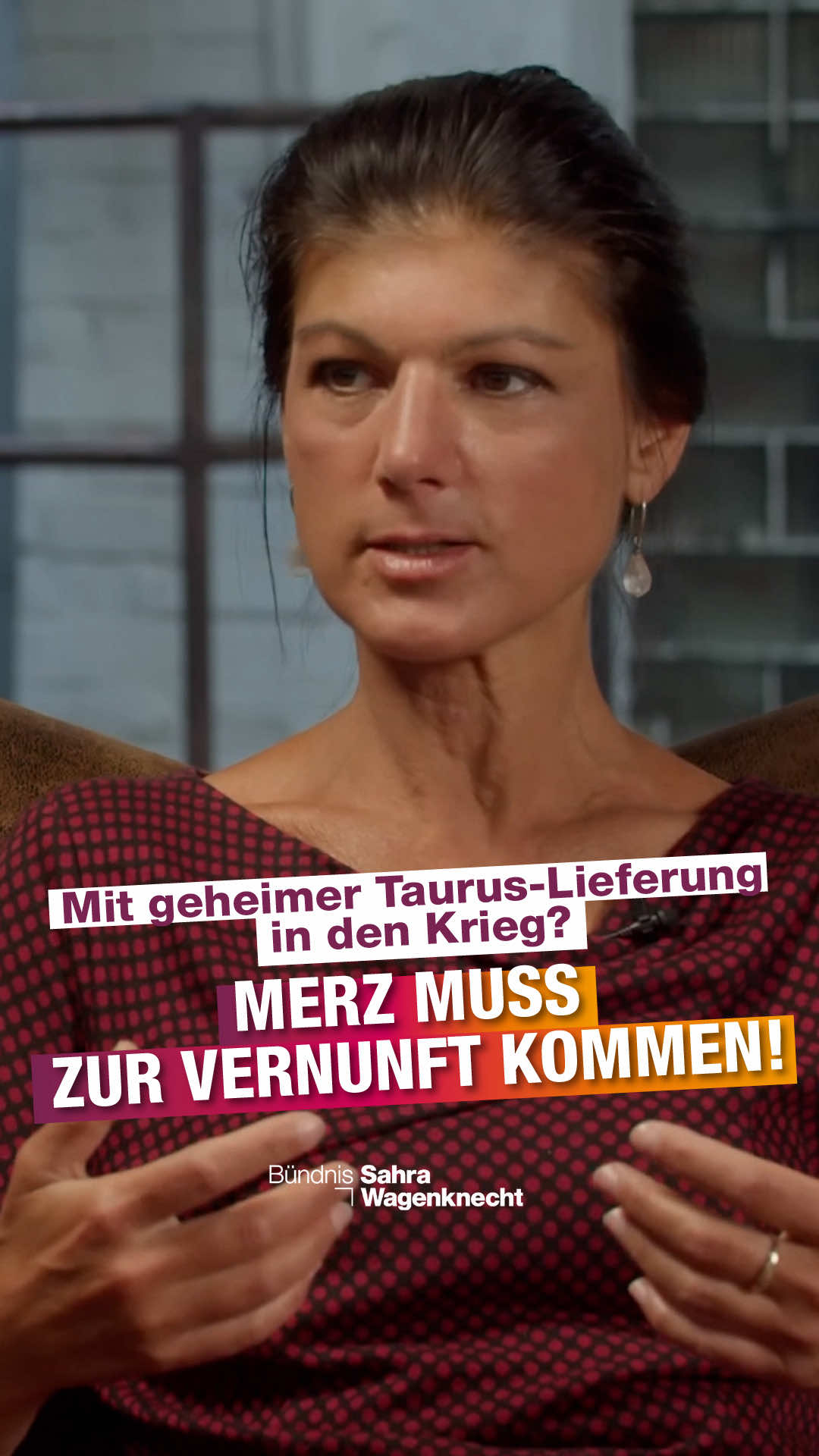 A post by @sahra.wagenknecht on TikTok caption: Mit geheimer Taurus-Lieferung in den Krieg? Merz muss zur Vernunft kommen! #bsw #wagenknecht #marcfriedrich #merz #taurus