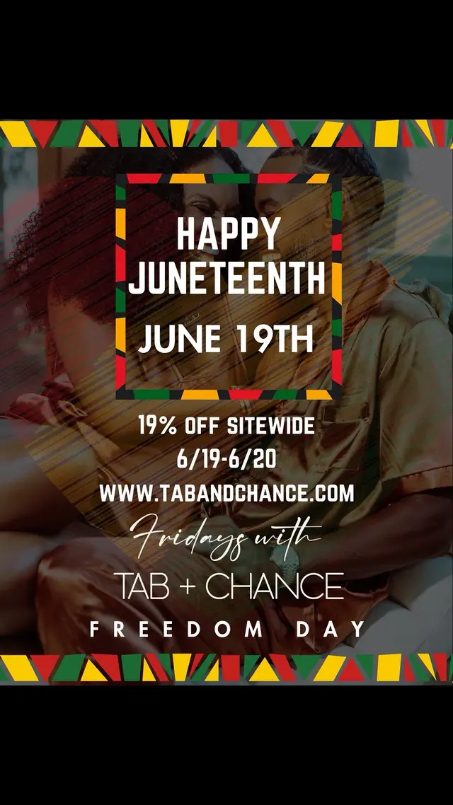 A post by @iamtabithabrown on TikTok caption: Happy Juneteenth family!  Let’s celebrate true freedom together today!  In celebration, everything on the Tab and Chance website will be 19% off 6/19-6/20 CODE: JUNETEENTH   Spread Love and Peace and keep walking boldly in your FREEDOM! #tabithabrown #tabandchance #spreadlove #freedom