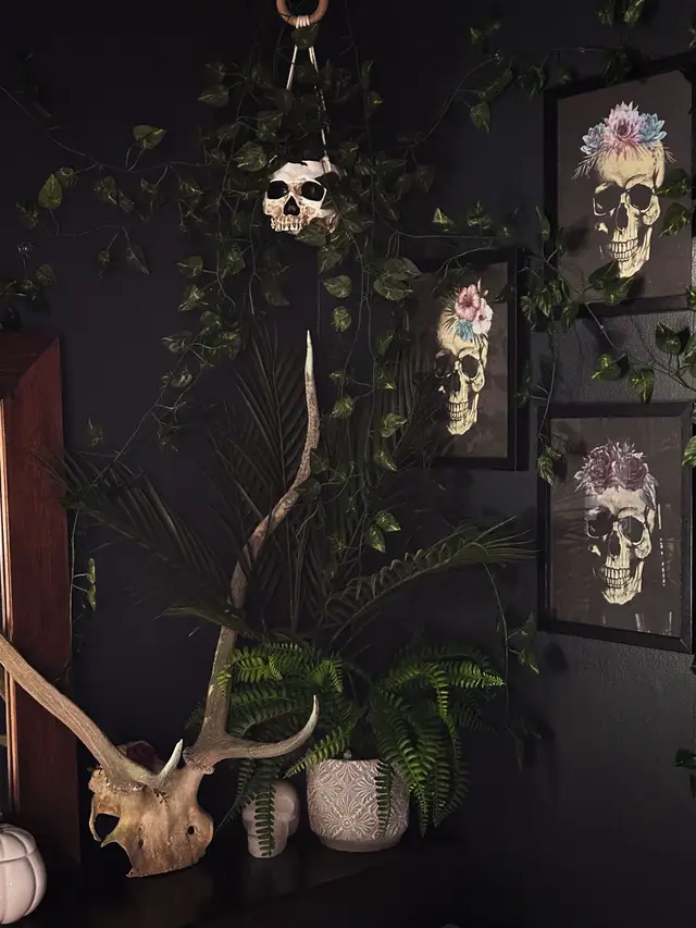 A post by @ccrystalx66 on TikTok caption: Added some new plants into the bathroom and changed the light green ivy for these darker green vines. I'm really loving this space more since l'm not trying to make it "perfect" for social media #bathroom #plants #gothic #dark 