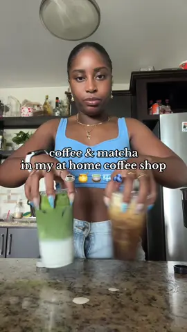 A post by @kmaeleee on TikTok caption: At home BARISTA IS BACK! today’s drinks: blueberry vanilla matcha 🍵🫐 + honey vanilla iced latte 🍯☕️  - #athomebarista #coffeeathome #matchlatte #matchalatterecipe #coffeetiktok #matchatok 