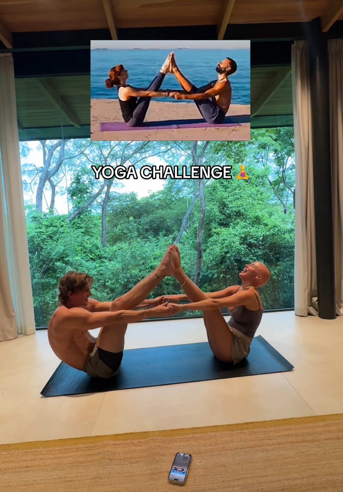 A post by @chl0ebean on TikTok caption: YOGA COUPLES CHALLENGE 🤣🧘‍♀️we saved the best one for last #yoga #couplesyoga #coupleschallenge #funny #challenges 
