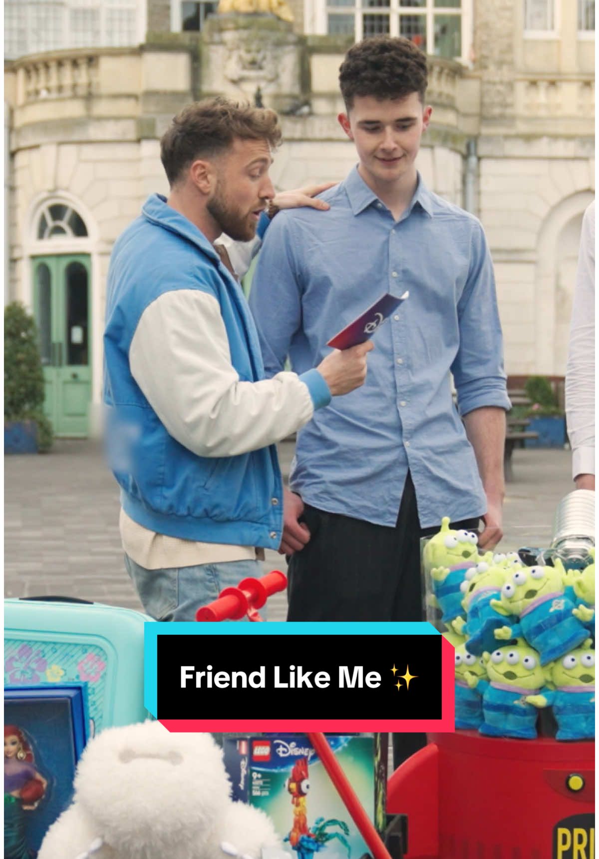 A post by @disneyuk on TikTok caption: Dodging aliens for the chance to win a Stitch suitcase?!    Join @Samthompsonuk for a round of #FriendLikeMe as he puts UK Disney fans to the test - with a chance to win epic prizes 🥳   Tap the link in our bio to check out the full episode as part of our brand-new series, #DisneyVS ✨