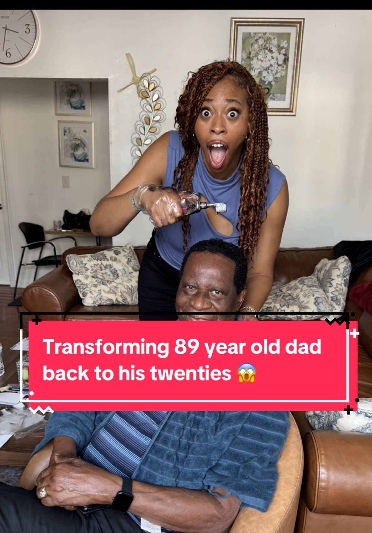 A post by @dreaknowsbest on TikTok caption: Transforming my 89 year old dad back to his twenties 😮😂 how old does he look?  #transformation #wholesome #funny #trending #africanparents 
