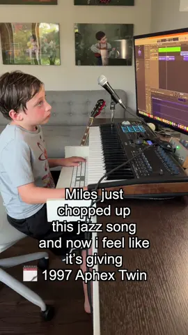 A post by @milesmusickid on TikTok caption: I caught Miles chopping up this jazz song and I feel like the whole thing is giving like a 1997-era Aphex Twin vibe now… #aphextwin #jazz #drumnbass #EDM #musicproducer #Ableton #TalentedMusicians #ElectronicMusic #musician #remix #musicianlife #Talented #songwriting #ProducerLife #StudioFlow #HomeStudio #LogicPro #DJ #BeatMaker #FLStudio #musica 
