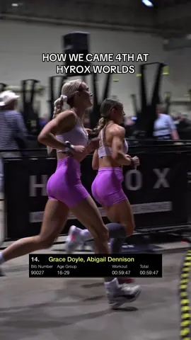 A post by @abbiedennisonfit on TikTok caption: Our Chicago race splits which won us fourth place in the 16-29 women’s pro doubles 🚀  @Gymshark code ‘ABBIE10’ to save on our fits  #hyrox #hybridathlete #hyroxtraining #hyroxworlds 