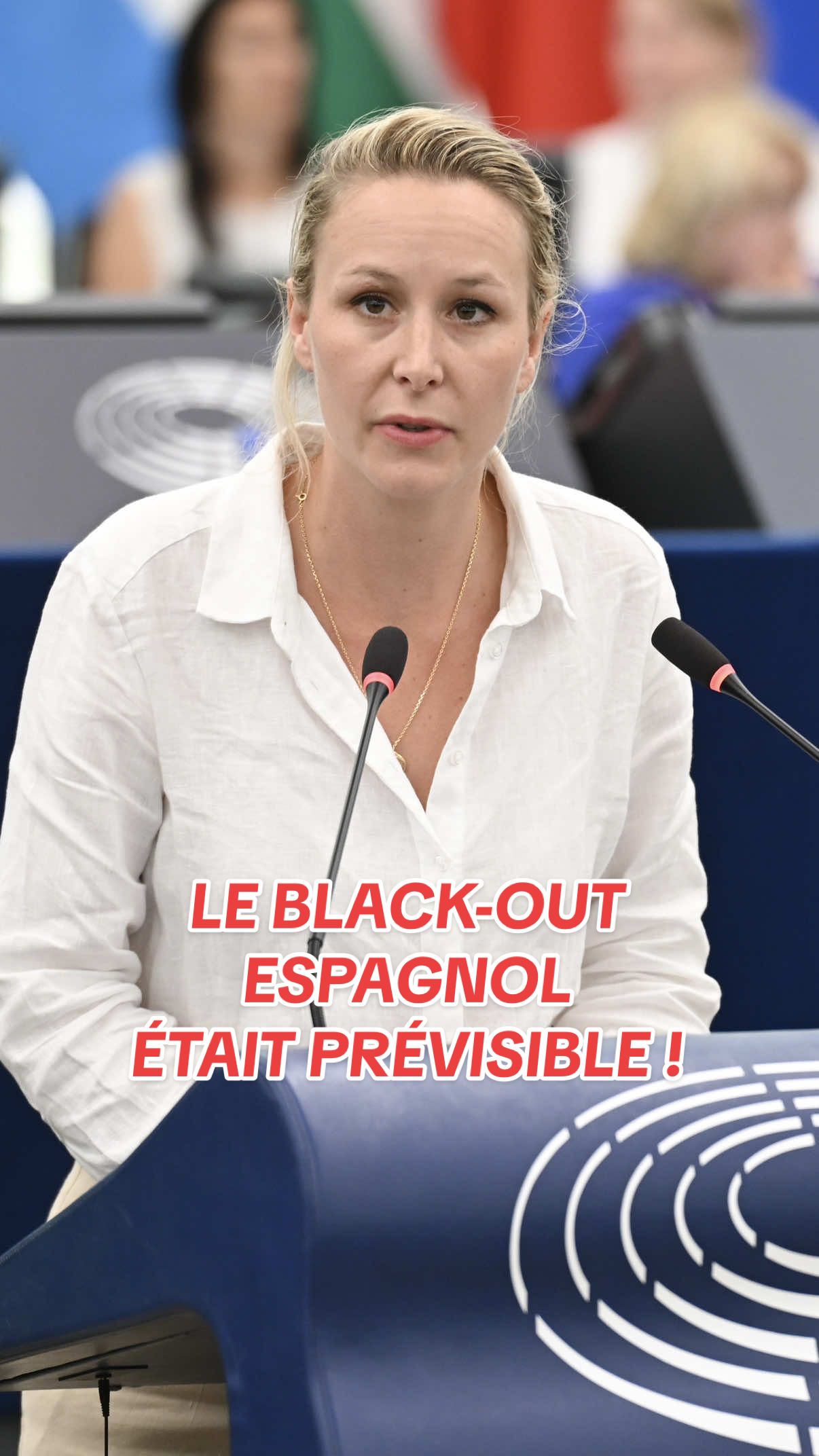A post by @marion_marechal on TikTok caption: Le black-out espagnol est le résultat d’un mix énergétique déséquilibré où dominent le solaire et l’éolien. Si nous continuons avec les objectifs du Green Deal, nous prenons le risque de voir les pannes de courant se multiplier en Europe !