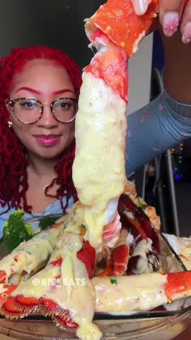 A post by @kie_eats on TikTok caption: Seafood Boil in Creamy Garlic Butter Sauce, King Crab , Sausage,  Snow Crab 🦀 Corn 🌽 Potatoes 🥔 Broccoli 🥦 #creatorsearchinsights #asmr #mukbang #seafood #seafoodboil #shrimp #snowcrab #kingcrab #seafoodboilmukbang seafood boil mukbangs 