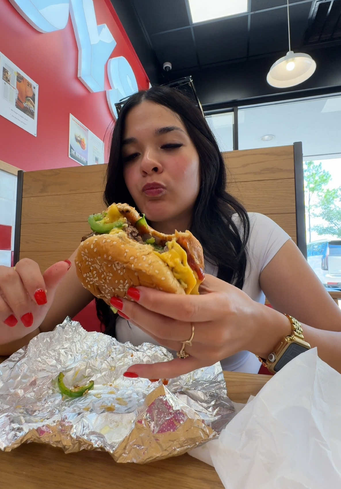 A post by @itzelcastanova on TikTok caption: love me some five guys burgers😋  #fiveguys #fries #food  #husbandwife #wife  #eating #burgers #dinner 