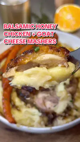 A post by @heresyourbite on TikTok caption: Honey Balsamic Chicken Thighs with Goat Cheese Mashed Potatoes and Roasted Carrots 😮‍💨 Ingredients below — full recipe is linked in my bio! For the Chicken + Marinade: 1.5 lbs bone-in, skin on chicken thighs  2 tbsp honey 1/4 cup balsamic vinegar 1 tbsp olive oil  1 tsp Dijon mustard (optional, for depth) 1 tsp salt Black pepper, to taste 1/2 - 1 tsp ground cumin (optional, for warmth) Zest from 1/2 orange (optional) 1 tsp dried thyme (or rosemary) 3 cloves garlic, grated Optional:  1 tsp Aleppo Pepper, for mild heat 1 tsp grated ginger For the Goat Cheese Mashed Potatoes: 2-2.5 lbs Yukon gold potatoes, washed and scored width-wise 4 tbsp butter, softened 1 cup whole milk, room temp  2 cloves garlic, smashed (optional, for infusion) Few sprigs of fresh thyme (optional, for infusion) 4 oz goat cheese, room temp  Salt and pepper, to taste  For the Carrots: 1 bunch whole carrots (8–10), trimmed, washed, and halved or quartered lengthwise, depending on size 2 tbsp olive oil 1 tbsp honey 1 tbsp balsamic vinegar 1/2 tsp salt Black pepper, to taste Zest of 1/2 orange (optional) Fresh thyme sprigs (optional, to roast alongside)  For the Glaze: 2 tbsp balsamic vinegar 1 tbsp honey 1 tbsp fresh orange juice (optional) 1 tbsp butter Pinch of salt 2 cracks of black pepper #chicken #chickendinner #chickenthighs #mashedpotatoes #goatcheese #balsamic #roastedcarrots #stickychicken #chickenrecipe #dinner #dinnerideas #comfortfood #cooking #easyrecipes 