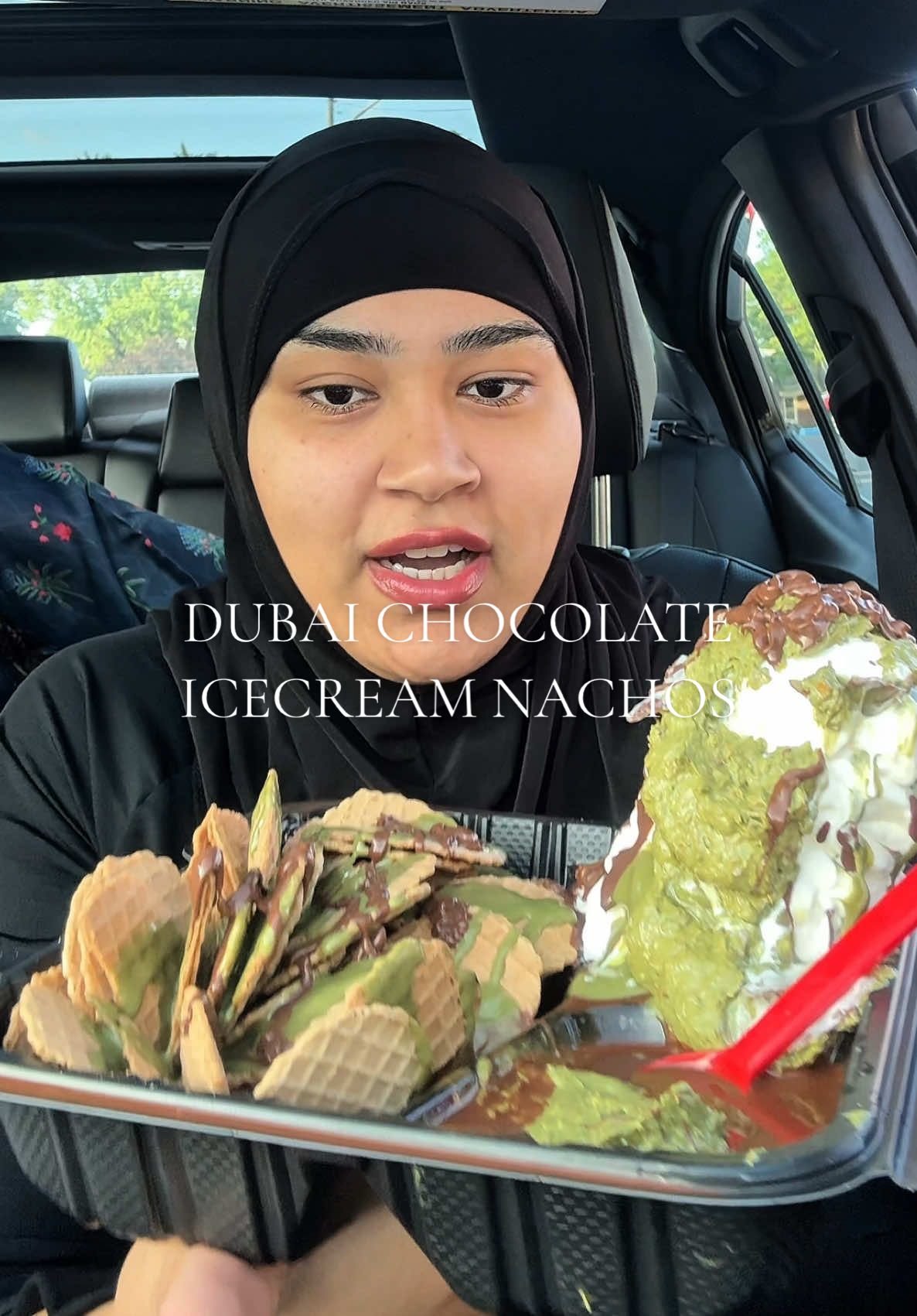 A post by @sharmineats on TikTok caption: Trying the Dubai Chocolate Icecream Nachos from @The Custard Co. #fyp #dubaichocolate #icecreamnachos #michigancheck #thecustardco #honestreview #dubaistrawberries 