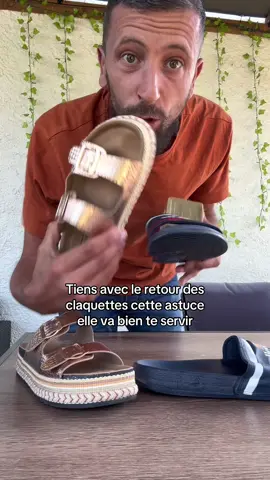 A post by @jonathanconiastuces on TikTok caption: Le truc tout bête pour des claquettes silencieuses #ete #lifehack #claquette #diy 