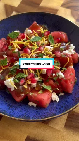 A post by @kauscooks on TikTok caption: Watermelon Chaat Recipe 🍉 There’s nothing more refreshing than a chilled bowl of watermelon chaat on a scorching hot day, especially in the middle of a UK heatwave. When the air feels heavy and the sun is doing the most, this dish is like a burst of cool relief. I first had this at Binda’s Eatery and immediately knew I had to recreate it at home, this is my take on it - watermelon and feta already go beautifully together but with the added spices, a whole new level unlocked! (Just as delicious without the feta too btw) But beyond its flavour and freshness, watermelon also carries deeper meaning. For Palestinians, it has long been a symbol of resistance and identity. During times when displaying the Palestinian flag was banned, the colours of a watermelon- red, green, white, and black, became a stand for freedom and heritage.   DONATE: @Medical Aid for Palestinians  @UNRWA USA  @ele_elna_elak  @AneraOrg    EDUCATE: @eye.on.palestine  @Palestine Solidarity Campaign  @humanti project  @حمادة شقورة - Hamadashoo    ACTION: @bds.movement    Ingredients: - 2 cups watermelon chunks - ½ lemon, juiced - ½ tsp chaat masala - ½ tsp black salt - ½ tsp ground cumin - 1 tbsp fresh coriander, chopped - 6-7 mint leves, chopped - feta cheese (optional)  Topping: - Tamarind sauce - Pomegranate seeds - Fresh mint leaves - Crispy sev Method 1. In a bowl, mix the lemon juice with chaat masala, black salt, and ground cumin. 2. Pour the mixture over the watermelon chunks in a large bowl. 3. Add the finely chopped coriander and mint. 4. Toss everything together gently until the watermelon is well coated. You can store this in the fridge until you are ready to serve. 5. Transfer to a serving plate and top with crumbled feta, tamarind sauce, pomegranate seeds, fresh mint, more chaat masala and crispy sev. Enjoy right away! #watermelon #chaat #ukheatwave   