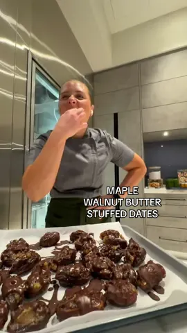 A post by @earthyjane on TikTok caption: Maple California Walnut Butter Stuffed Dates 🍁🌰 @CA Walnuts #CAWalnutsPartner #Sponsored These little bites are everything—sweet, salty, nutty, and chocolatey. Walnuts are healthy, making these perfect for a feel good heart-healthy snack, dessert, or treat-yourself moment. You’ll need: 1 cup California Walnuts 2 tbsp maple syrup Pinch of sea salt 10–12 Medjool dates 1/3 cup dark chocolate 1 tbsp coconut oil Flaky sea salt, for topping To make: In a food processor, blend California Walnuts, maple syrup, and sea salt until smooth and creamy (about 3–5 minutes). Pit your dates and gently open them up. Fill each with a spoonful of maple walnut butter and pinch closed. Place the stuffed dates on a tray and chill in the fridge. Meanwhile, melt the chocolate and coconut oil together until smooth. Drizzle over chilled dates, sprinkle with flaky sea salt, and refrigerate for at least 10 minutes. Then? Just try not to eat them all in one sitting. 😉