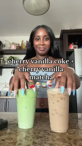 A post by @kmaeleee on TikTok caption: trying the new sprouts cherry vanilla creamer to make a cherry vanilla coke & matcha!!!! PERFECT SUMMER DRINKS ☀️🍒🌸🍵🥤🧊