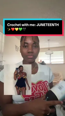 A post by @miathecrocheter on TikTok caption: I loved making this piece. I love working with different textures ✨✨ #juneteenth #crochet #fypシ #crochettiktok #fashion #handmade #sustainablefashion #BlackTikTok 