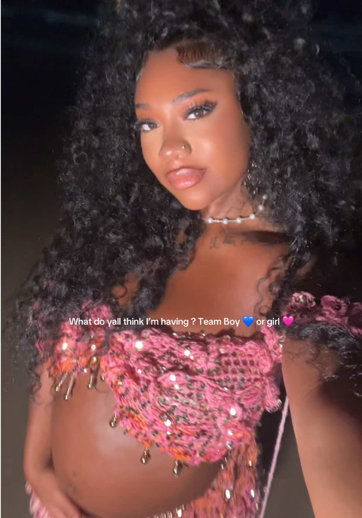 A post by @itsnatiajah on TikTok caption: Team Girl Or Boy ? 💙🩷 #fy #blackgirktiktok #beyonce #pregnant #genderreveal 
