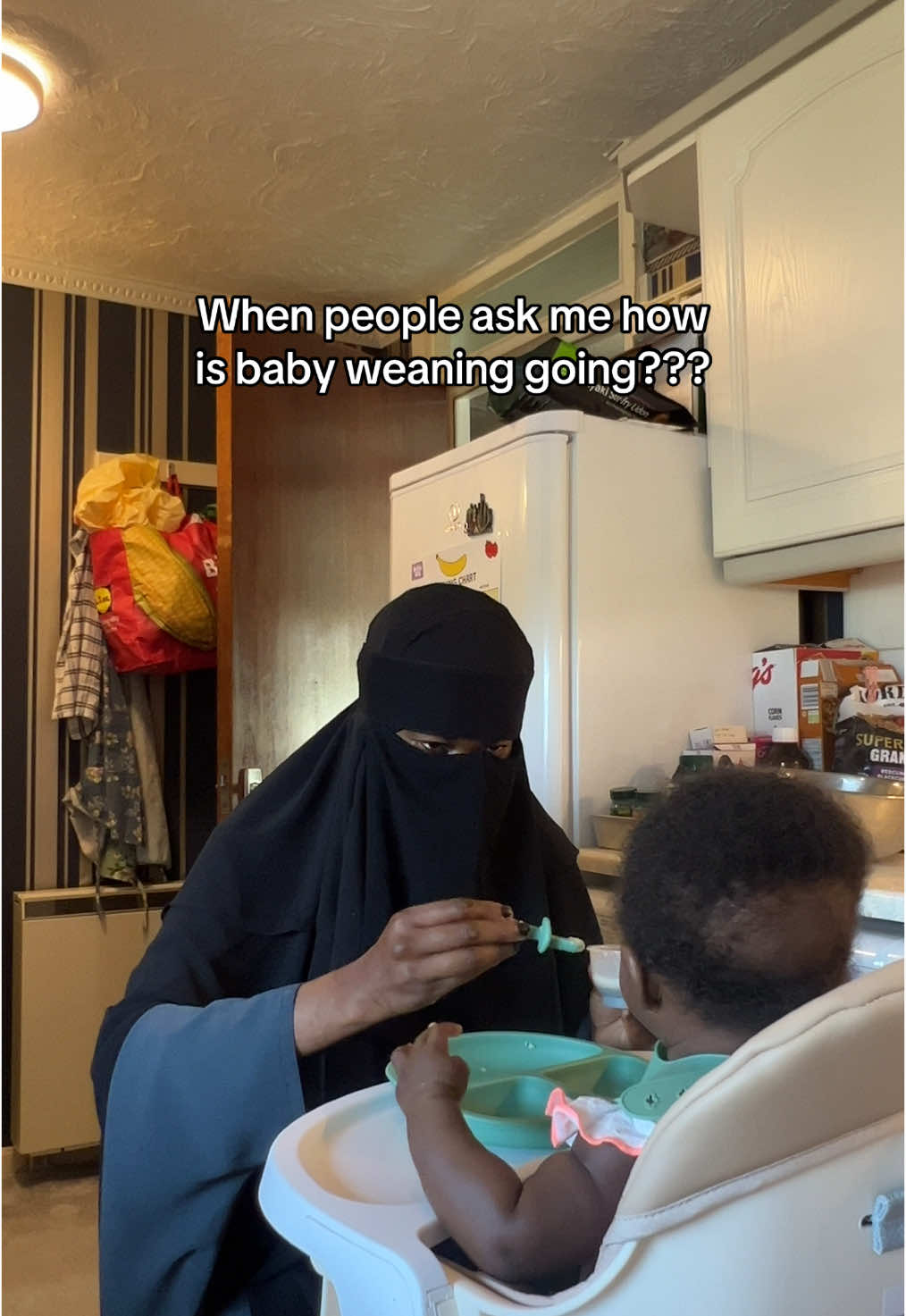 A post by @lifewithmaab on TikTok caption: It’s going great 😅💦🔫 #lifestylecontent #firsttimemum #weaningbaby #weaningjourney #newmom #sahmlife 