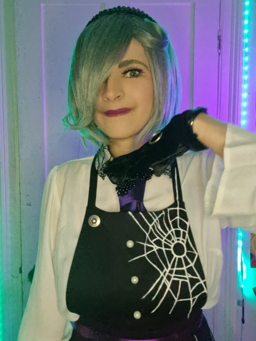A post by @alittlebitalexia on TikTok caption: realized I've cosplayed quite a few characters with one eye covered. makes doing makeup a lot quicker 😂 #danganronpav3 #danganronpa #kirumitojocosplay #kirumitojo 