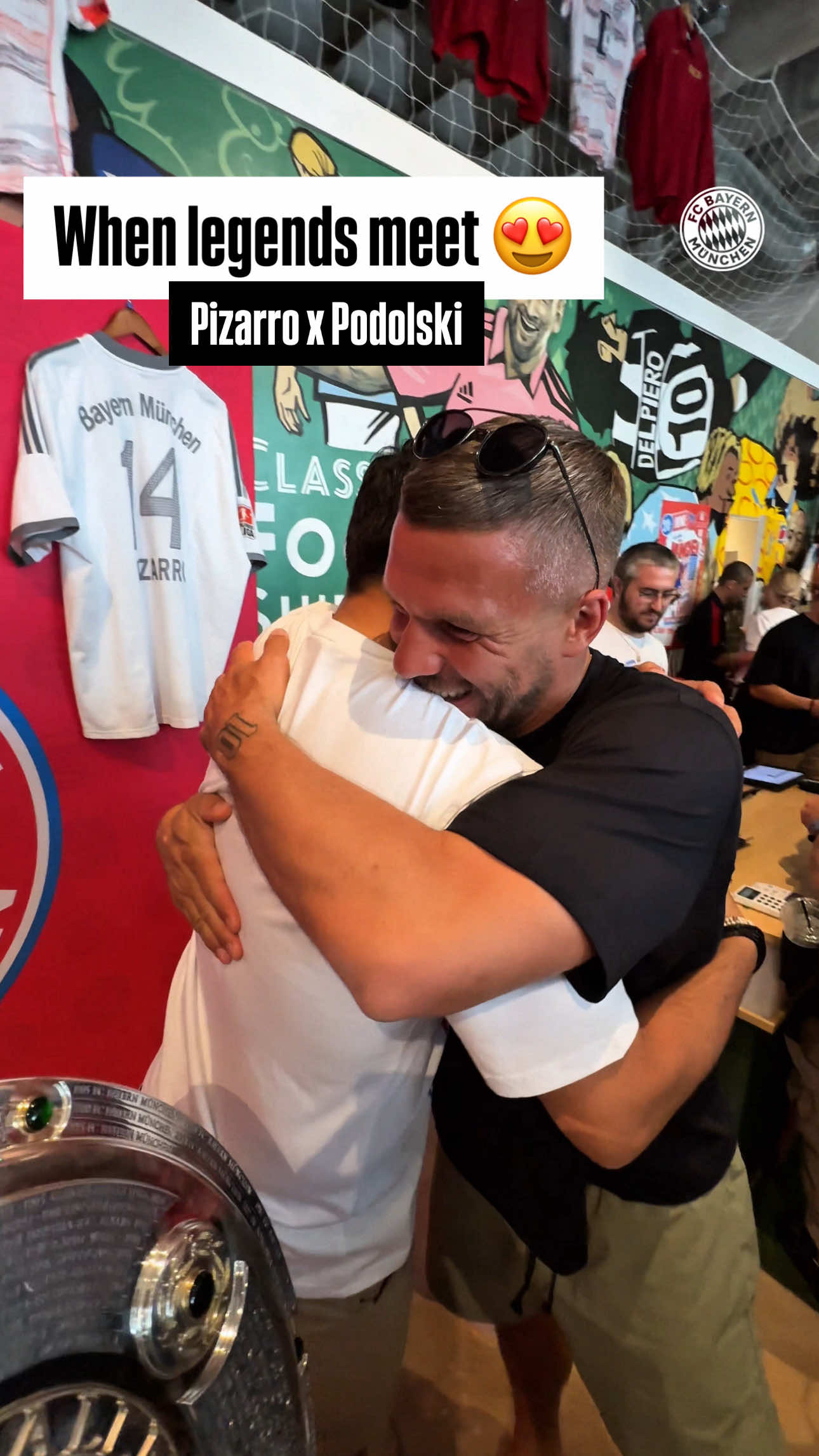 A post by @fcbayern on TikTok caption: When legends meet 😍 Claudio Pizarro and Lukas Podolski faced in Miami before today’s #FIFACWC game against Boca 🫂 #FCBayern #MiaSanMia  