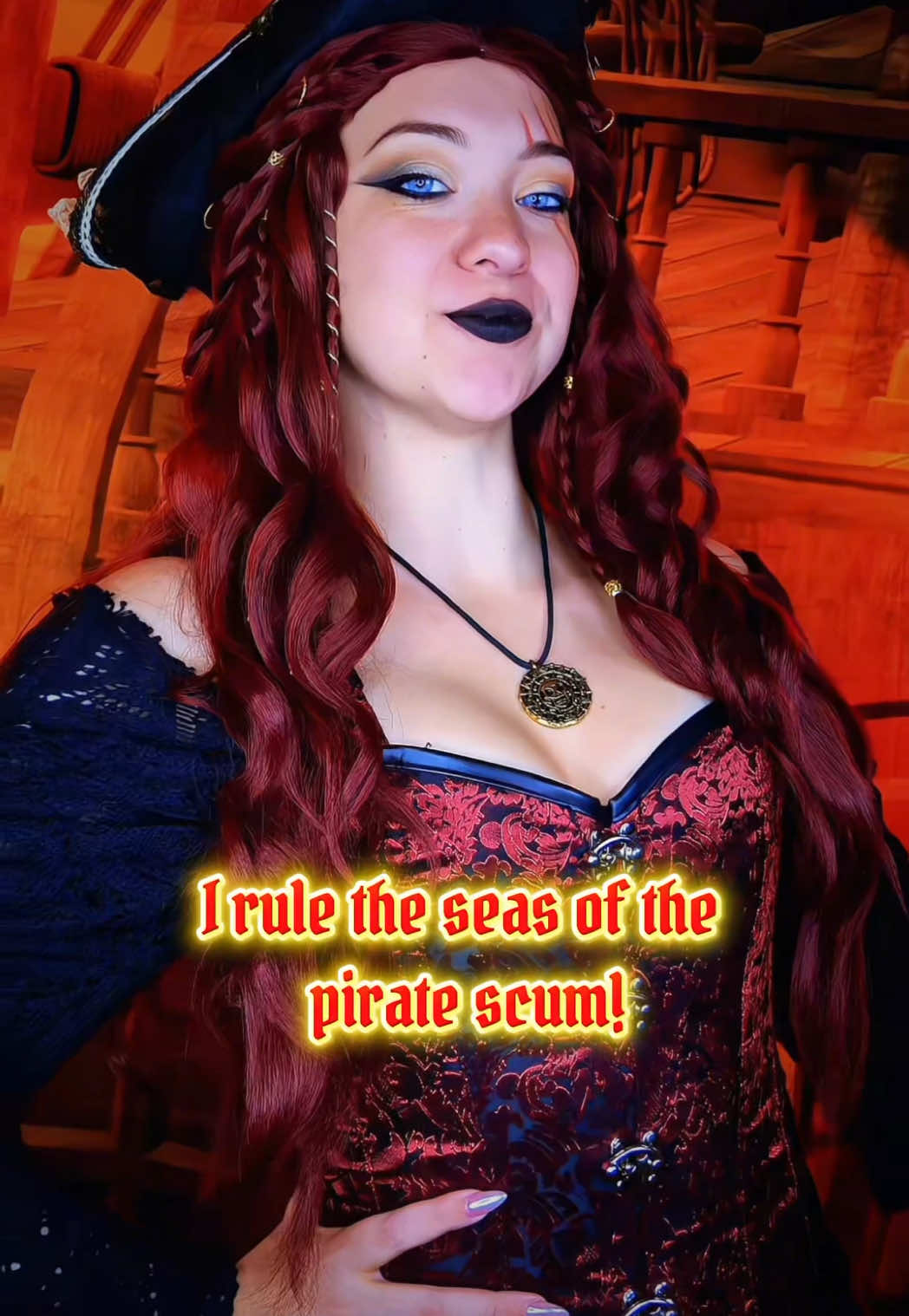 A post by @crazycae on TikTok caption: #storyteller The ruler of the seas takes on the tide 🌊🏴‍☠️❤️ • • • #pirate #pirateoc #piratecaptain #originalcharacter #storyteller #fantasy #crazycae #cosplay #calypso #sailnorth 