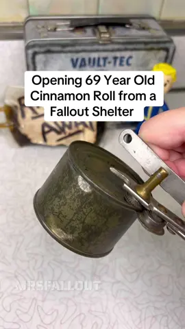 A post by @mrs.fallout on TikTok caption: Opening a 69 Year Old Cinnamon Nut Roll from a Fallout Shelter! It was still moist and smelled surprisingly good  #fallout #mrsfallout #fallouttok 