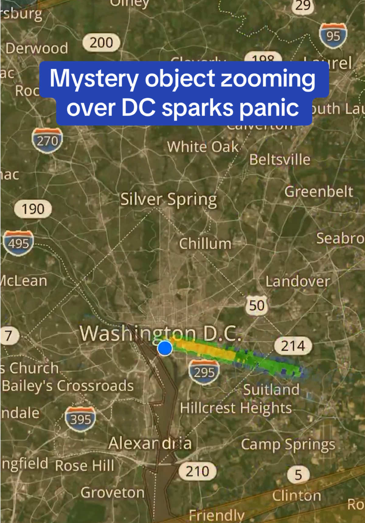 A post by @dailymail on TikTok caption: A mysterious streak appeared on weather radar over Washington, D.C., on Thursday, sparking theories of weather modification or visitors from another planet. Tap the link for the full story on DailyMail.com. Link in bio. #news #washingtondc #ufo #aliens #weather 