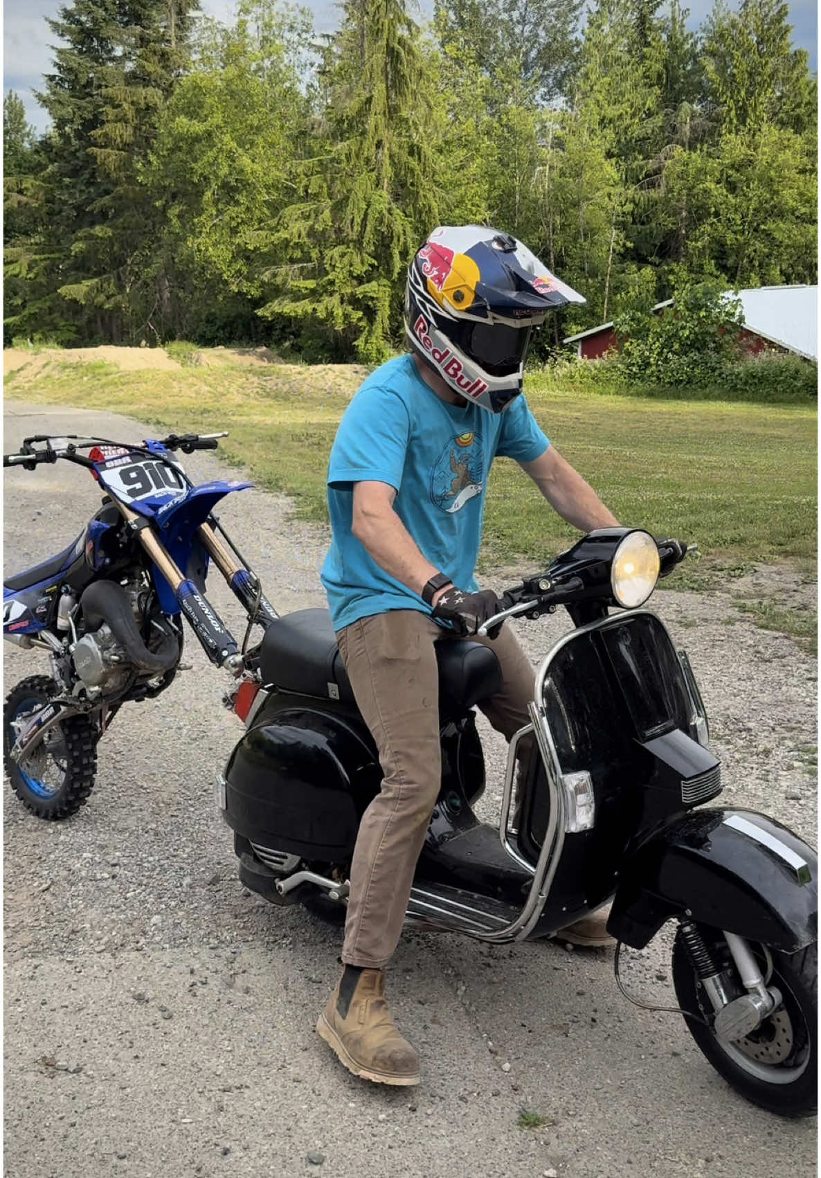 A post by @carsonbrown_910 on TikTok caption: @lordlugnutz said he made a bike rack for me tow my bike. It handles like a dream 😂@Red Bull Motorsports @Red Bull @MotoSport.com @All Balls Racing 🎥: @Charlie McDermott Hale #scooter #YZ65 #yamaha
