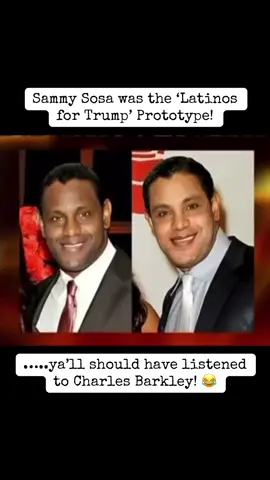 A post by @thebudgetballer on TikTok caption: Sammy Sosa really was the prototype for “Latinos for Trump” …..bleached himself into oblivion thinking whiteness would unlock legacy. Charles Barkley tried to warn him: “You’re not gonna make the Hall of Fame by going white.” Same goes for voting Trump, papi. Ain’t no American Dream at Mar-a-Lago, just unpaid golf carts and broken promises. #SammySosa #LatinosForTrump #CharlesBarkleyWasRight #BleachAndDelusion #MLB #Politics #CubanMissedleCrisis