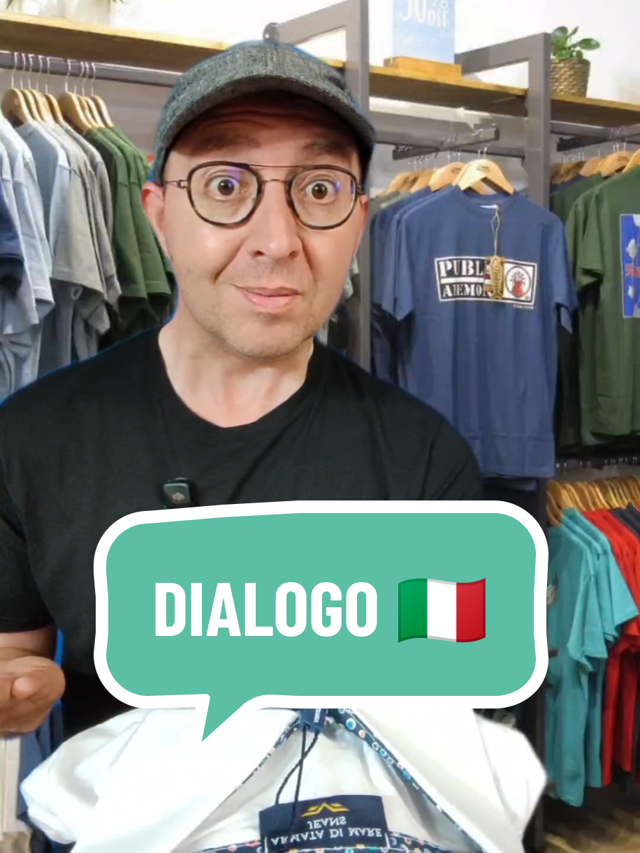 A post by @funandeasyitalian on TikTok caption: 🔴DIALOGO 🇮🇹 🔶Andiamo in un negozio di abbigliamento! 🤓 ⏩Parole ed espressioni utili 👇 ✔️LA (MAGLIETTA) POLO = Polo shirt ✔️IL COLLETTO = Collar ✔️LA TAGLIA = Size ✔️ IL COTONE = Cotton ✔️ LO SCONTO = Discount ⏩Traduzione 👇 ▪️BUONGIORNO! POSSO AIUTARLA? = Good morning! Can I help you? ▪️SÌ, GRAZIE! VORREI UNA MAGLIETTA. MA NON COME QUESTA. COME QUELLA CHE HA LEI = Yes, please! I would like a T-shirt. But not like this one. Like the one you have. ▪️UNA MAGLIETTA POLO, O UNA POLO: LA MAGLIETTA CHE HA IL COLLETTO = A polo shirt, or a polo. The shirt that has a collar. ▪️SÌ, UNA POLO = Yes, a polo (shirt).  ▪️CHE TAGLIA? = What size? ▪️XL = XL (Extra Large). ▪️COLORE? = Colour? ▪️LA VORREI BIANCA = I would like it white. ▪️È L'ULTIMA POLO BIANCA CHE ABBIAMO = It's the last white polo shirt we have. ▪️PERFETTO! SECONDO ME, LA POLO BIANCA È IL MASSIMO DELL'ELEGANZA... È DI COTONE. MOLTO FRESCA = Perfect! In my opinion, the white polo shirt is the ultimate in elegance... It's made of cotton. Very fresh. ▪️SÌ = Yes.  ▪️AH, SONO FORTUNATO! C'È IL 50% DI SCONTO. È UN AFFARE!... LA PRENDO! = Ah, lucky me! There's a 50% discount. It's a bargain!... I'll take it! ▪️EH, NO. NON È PIÙ IN VENDITA = Eh, no. It's no longer for sale. ▪️PERCHÉ? = Why? ▪️LA TENGO PER ME = I keep it to myself. ❓Questo dialogo è stato utile? 🙂 Un abbraccio! 😉 Marco #aprenderitaliano #learnitalian #italianlanguage #italianlessons #aulasdeitaliano #italianclasses #conversazioniitaliane #italiandialogues  #italianconversations #hablaritaliano #funandeasyitalian #italianoquotidiano #funandeasyitalian #shortitalianconversation  #funitalian #shortitaliandialogue
