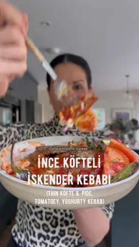 A post by @melizcooks on TikTok caption: Ok, what are you having for dinner tonight, because I’ve combined two recipes to bring you a GORGEOUS takeaway kebab idea perfect for tonight. This is like an İskender and Pideli Köfte recipe in one. You can use chicken (thigh) mince or beef mince instead (don’t use lean, they’ll be dry as), but the flavour of the lamb is #chefskiss - full recipe on my blog, link in bio.  For the “İnce Köfte” (thin lamb patties) 500g lamb mince  1 large / 2 small white onions, peeled and coarsely grated 25g fresh flat leaf parsley leaves, finely chopped  1 tsp sea salt 1 tsp coarse black pepper 1 tsp ground cumin  1tsp pul biber  + 1tsp olive oil for frying with  For the Tomato Sauce  2 tbsp olive oil 60g (4tbsp) tomato purée  45g (3tbsp) tatlı biber salçası (sweet (mild) red pepper paste  1 tsp pul biber 1 tbsp caster sugar 300ml boiling hot water  TO SERVE  50g melted butter, hot 400g Turkish bread (ramazan pide / tırnak pide) cut into 2cm cubes (you can toast the bread in the oven if you like a crunchier consistency)  Natural Yoghurt / Süzme (strained) yoğurt Grilled sivri biber and halved tomatoes  #melizcooks #iskender #köfte #pideliköfte #pide #kebab #kebap #meze #mezze #fakeaway 