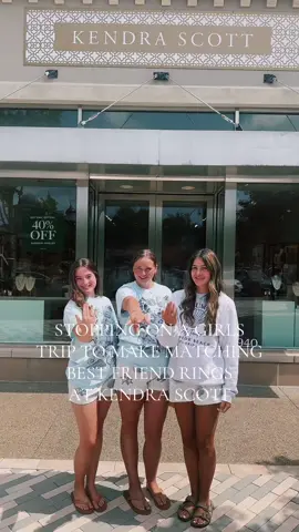 A post by @mirandaharness3 on TikTok caption: We stopped at @Kendra Scott on our way to the beach for a girls trip and they made matching bestie friend rings. Such a cute, fun and quick little surprise on your road trip! 🤩✨ #kendrascott #kendrascottjewerly #kendrascottcolorbar #Bestfriend #birthdaytrip #birthdayroadtrip #girlstrips #teengirls #shopping #shoppinghaul #vlog #beachtrip 