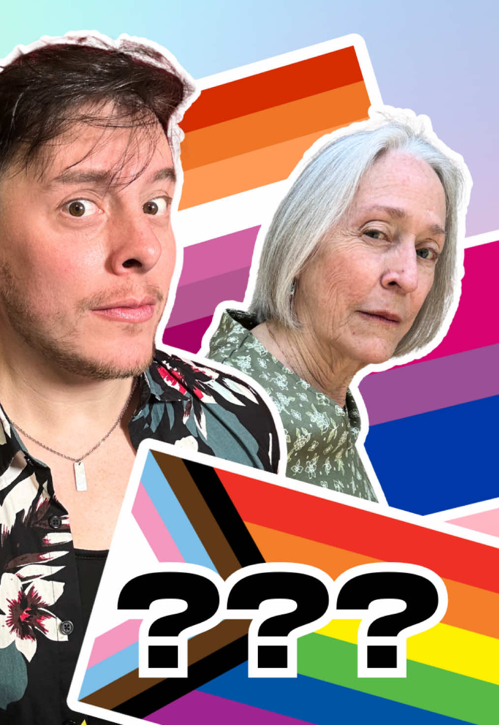 A post by @thomassanders on TikTok caption: NEW VIDEO: “What Do the Straights Know About Pride?”🏳️‍🌈 (Link to full video up in my bio! ☝️) Thank you to my mom for letting me put her through this… #quiz #mom #lgbtq #straight #comedy #relatable #flag #game #lgbt