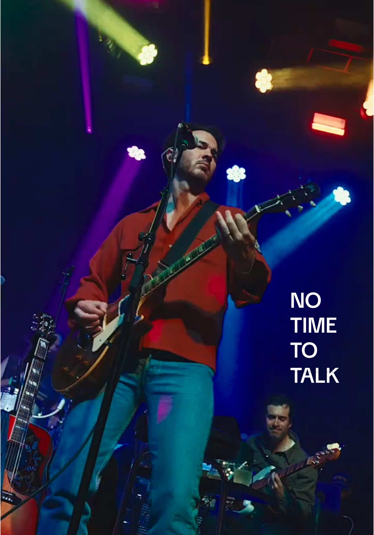 A post by @jonasbrothers on TikTok caption: Playing NO TIME TO TALK live for the first time last night at our Greetings From Rehearsals show 🪩