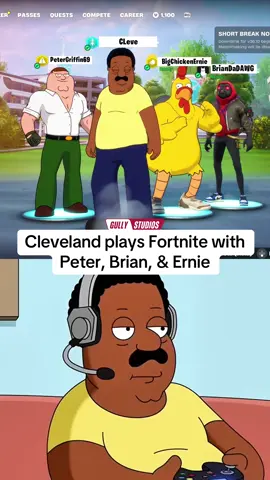 A post by @gullystudios on TikTok caption: Cleveland plays Fortnite with Peter, Brian, & Ernie! #familyguy #petergriffin #clevelandbrown #briangriffin #familyguyclips #familyguymeme #familyguyfunnymoments #theclevelandshow #petergriffinmemes #memes #funny #gaming #fortnite #fortnitebr #fortnitebattleroyale #fortniteclips #fortniteskins 