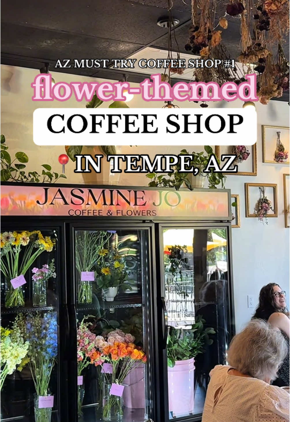 A post by @wildjoyexperiences on TikTok caption: mini bouquets are $3-$5 😏 AZ COFFEE SHOP #1 ➡️ Jasmine Jo Coffee and Flowers in Tempe near Phoenix 💐☕️🌼  fancy lattes are $7 but WORTH IT - get the shaken espresso with the blackberry 🤤 this shop has food and a ton of seating! Can be slower b/c every drink is custom slowly crafted so don’t come expecting a super fast experience — it’s one of those places you can just relax and enjoy the flowers!!!!  add it to your list and tell me what coffee shop you want us to go to next 🥹📍#arizona #tempe #tempeaz #phoenixaz #phoenix #coffeetiktok #coffeeshop #flowerbar #flowertiktok #diybouquet 