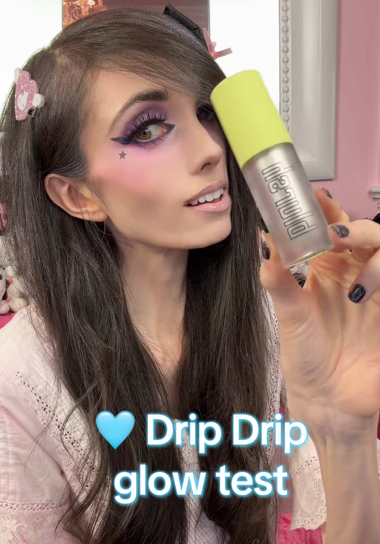 A post by @eugeniaxo on TikTok caption: ✨ This @madebymitchell Blursh Lights in Drip Drip is giving frozen fairy tears ❄️ Glides on like silk, sparkles like moonlight 🩵 Tap the cart for the frostiest glow in the stars… now on TikTok Shop 💫🛍️✨ #tiktokshop #madebymitchell #highlighter #liquidhighlighter #beautytok #blurshlights #dripdrip #tiktokbeauty #dewyskin 