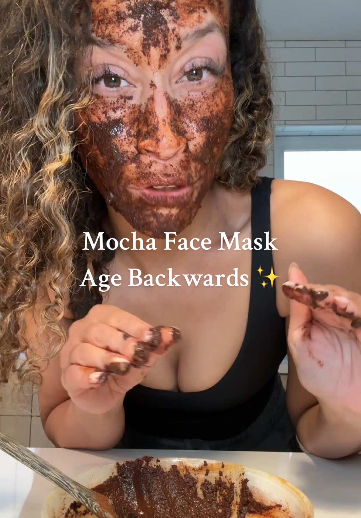 A post by @thejenjones on TikTok caption: Mocha coffee face mask for glowing skin!  Glowing skin by @nevell_skin coffee oil. 2 days left to use BDAY20 for 20% off! Grab your bottle at nevellskin.com link in bio!  2 tbsp espresso ground coffee  1 tbsp raw cacao powder 1 tbsp organic raw unfiltered honey  Water (optional to sub extra virgin olive oil)  #SkinCare #coffeefacemask #glowingskin #antiaging #plantbasedskincare