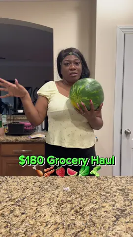 A post by @yo_thats_erica on TikTok caption: $180 Grocery Haul- This will last 3 days 😩🍗🥓🍓🍉🥕 #thatmanandthemkids #groceryhaul #momlife