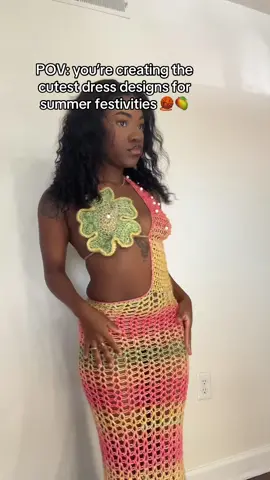 A post by @miathecrocheter on TikTok caption: My signature summer look 🧶🥭✨  #crochet #crochettiktok #fypシ #fashion #sustainablefashion #crochettok #makethisviral #BlackTikTok #cruiseship #summerlooks #vacationoutfits 