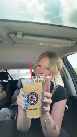 A post by @smallersam_pcos on TikTok caption: What I eat in a day -255lbs✈️ Traveling back home!! We had so much fun in Gulf Shores!  #whatieatinaday #weightloss #pcos #travel #home #beach #caloriedeficit #protein #coffee #fastfood #hack 