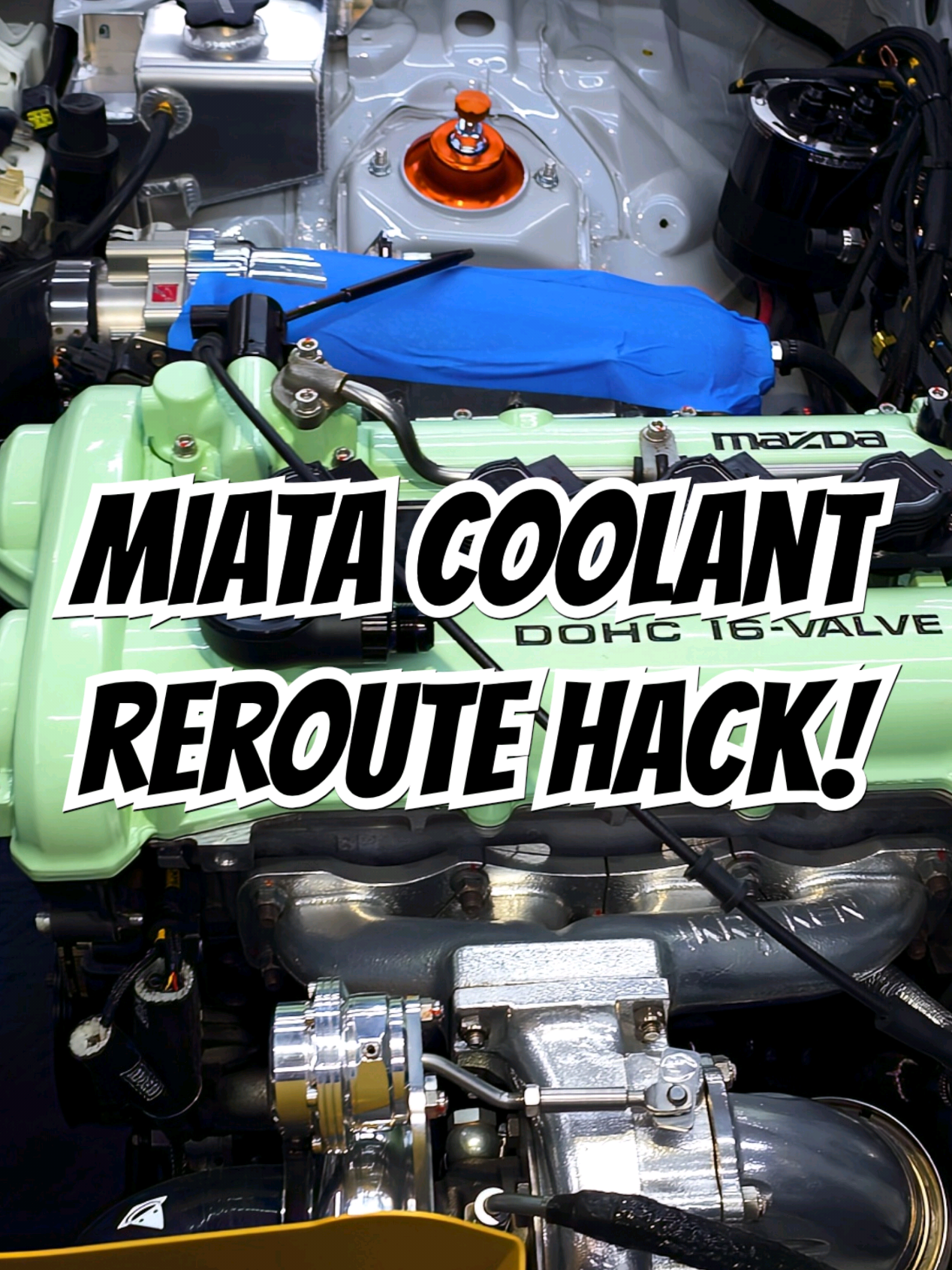 A post by @omgbuilds on TikTok caption: Miata coolant reroute hot tip to save you the trouble of redoing it later if it leaks..like ours did 🤣! | | #OMGBUILDS | #TuningCar | #TikTokAutoCampaign | #Miata 
