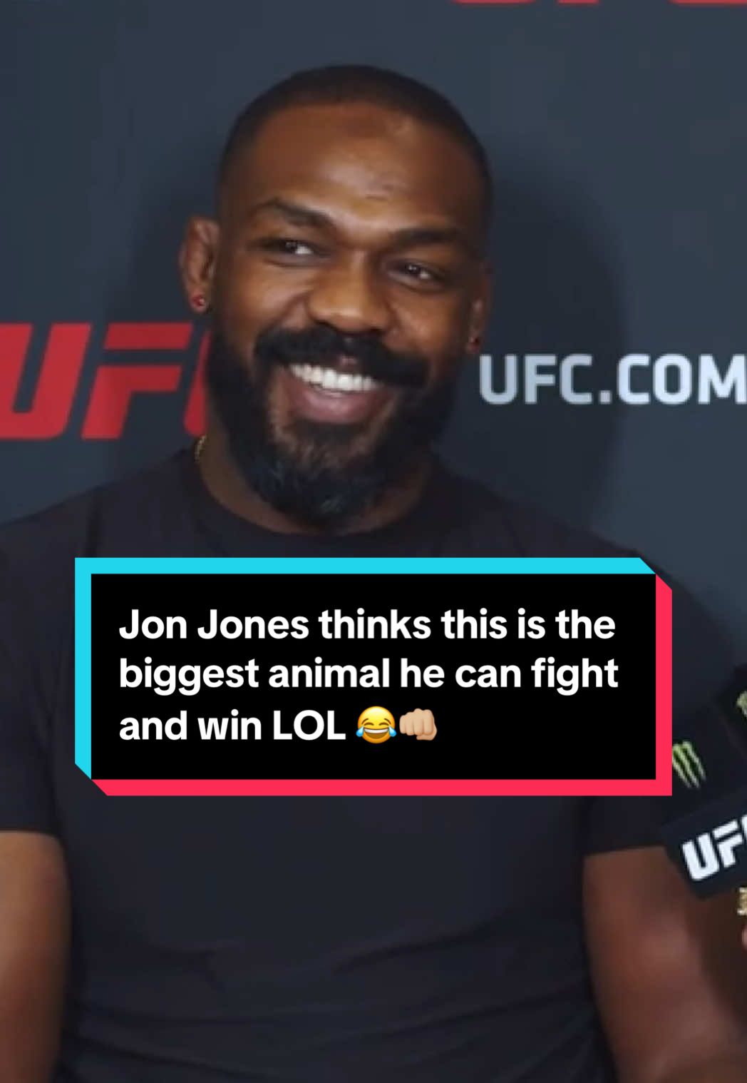 A post by @ninadrama on TikTok caption: Jon Jones thinks this is the biggest animal he can fight and win LOL. What UFC fighter do you want me to interview next? #UFC #jonjones #ninadrama #kickboxing #boxing #muaythai #muaythaifighter #muaythaifighter #taekwondo #jiujitsu #brazilianjiujitsu #jiujitsugrappling #jiujitsulifestyle #wrestling #wrestlingtiktok #wrestlingtok #fit #Fitness #grappling #karate #boxing #judo