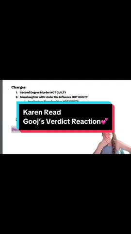A post by @goojiepooj on TikTok caption: My verdict reaction when Karen Read was found not guilty of all charges except operating under the influence. Plz be kind I cry very easily imagining someone else’s emotions lol #karenread #massachusetts 