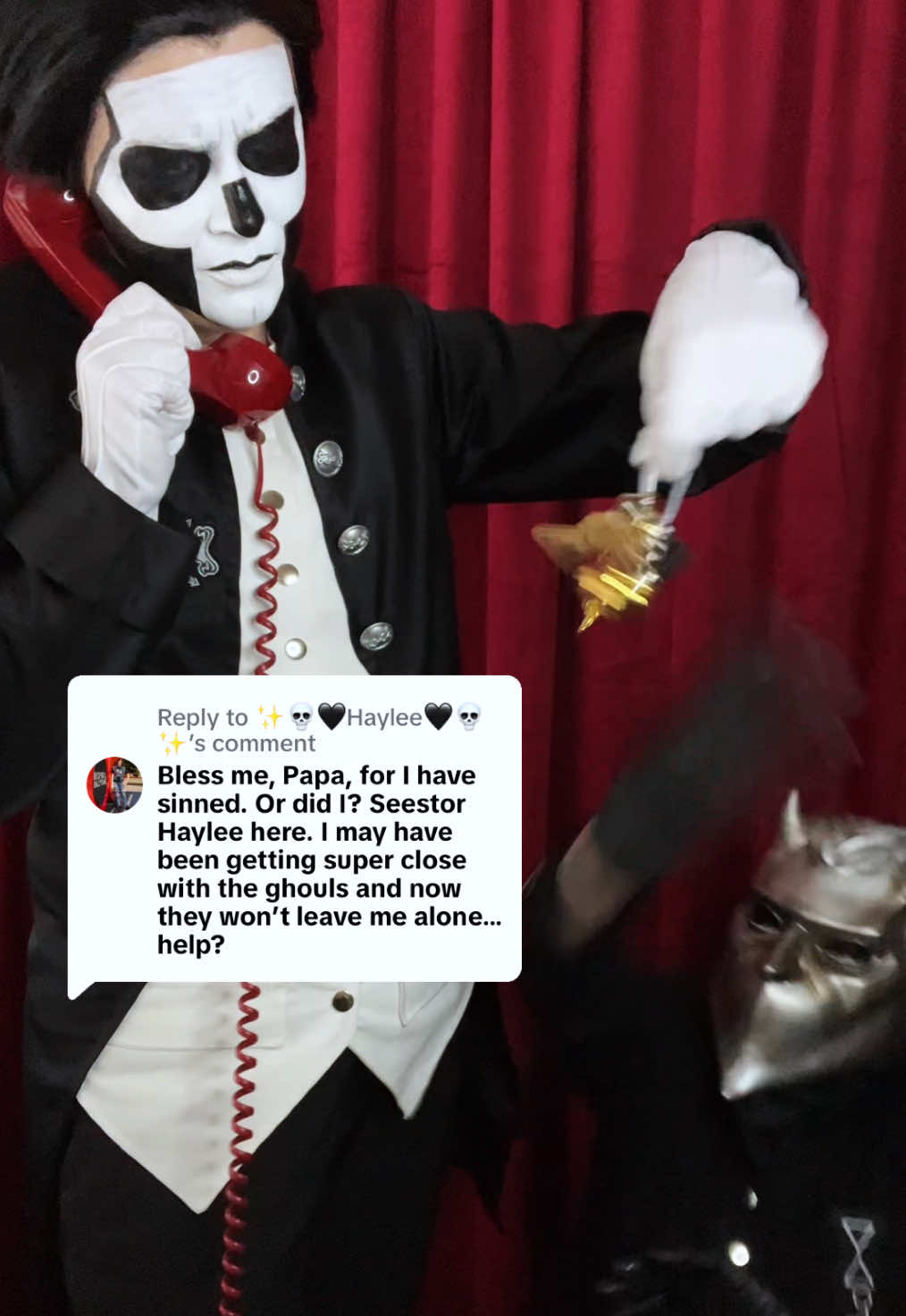 A post by @hallowed_be_thy_username on TikTok caption: Replying to @✨💀🖤Haylee🖤💀✨ you gotta get creative  #thebandghost #thebandghostcosplay #papaemerituscosplay #ghostbc #ghostband #papaemeritus #papaemeritusiii #papaemeritusiiicosplay #namelessghoul #Cosplay #ministryhotline 