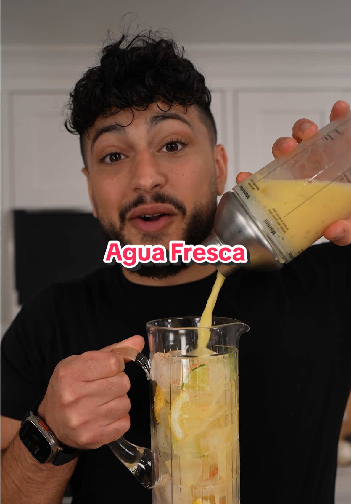 A post by @thegoldenbalance on TikTok caption: 🥭 Agua Fresca 😩 Recipe: 2 ripe mangos  1/2 cup condensed milk (to taste!!!) 1 lemon, juiced  1 lime, juiced  2 cups water  To assemble:  Ice  1/2 cup base 1/2 cup sparkling water, lemon lime soda, or water Finish with sprinkle of tajin or cayenne pepper #drink #food #recipe #aguafresca 