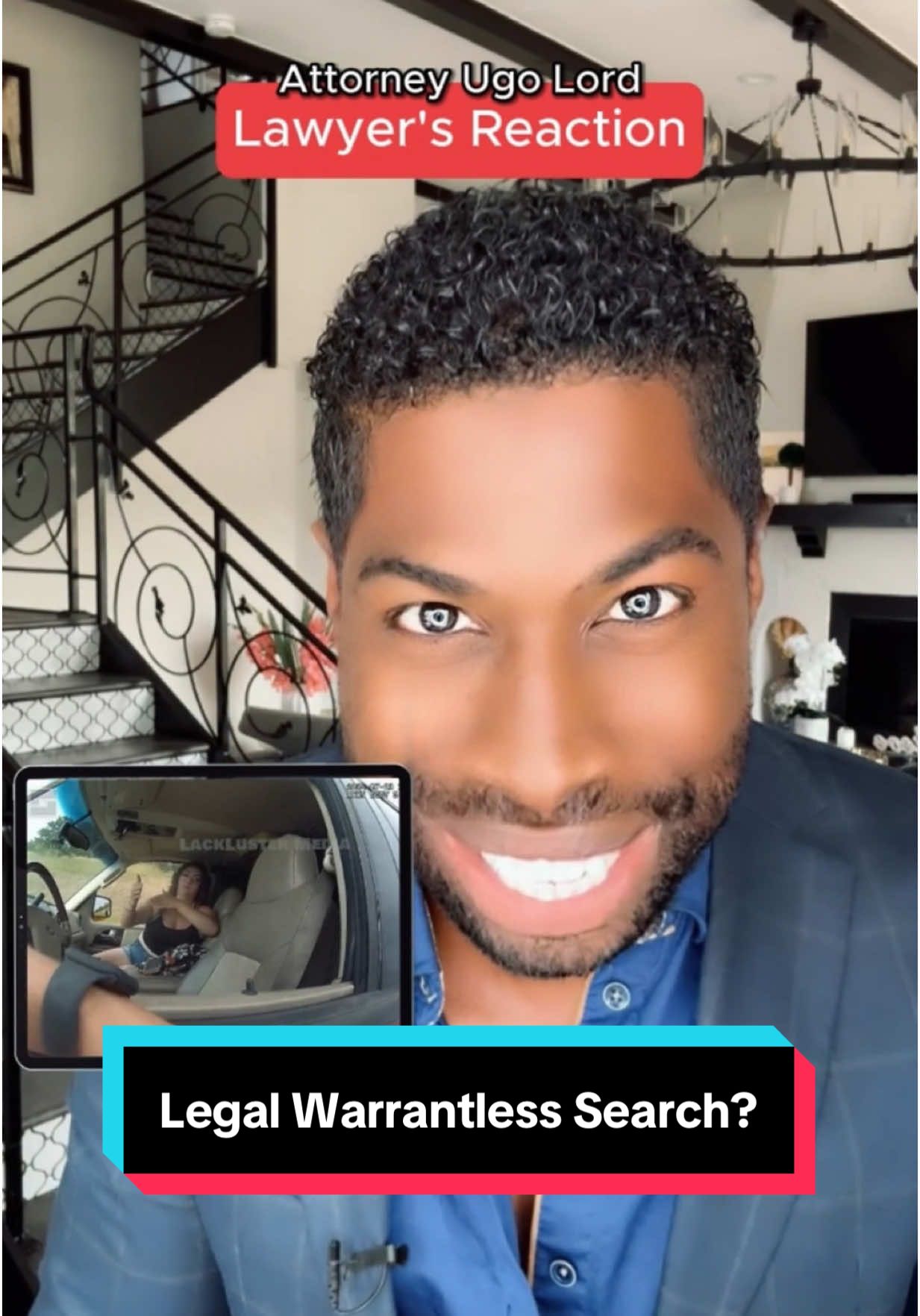 A post by @ugolord on TikTok caption: Passenger Admits to Being High But it Turns Out the Vape was Actually Legal! —Was This Warrantless Search Legal? Attorney #UgoLord reacts! #lawyer #lawyersoftiktok #TikTokPartner #TikTokLearningCampaign 